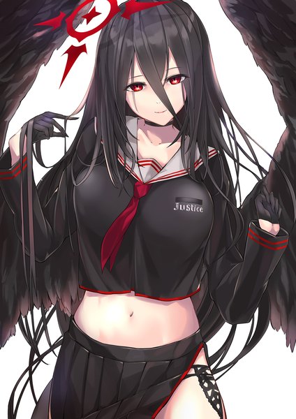 Anime picture 1200x1697 with blue archive hasumi (blue archive) kie (yospcd) single tall image looking at viewer fringe light erotic black hair simple background smile hair between eyes red eyes standing white background very long hair head tilt midriff side slit black wings