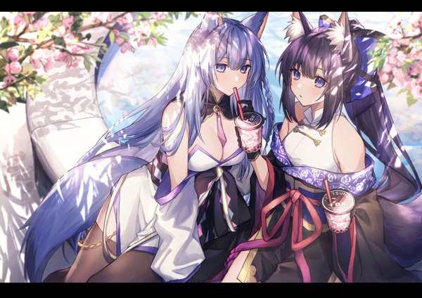 Anime picture 1412x1000 with original coyucom long hair blush fringe breasts open mouth light erotic black hair hair between eyes sitting purple eyes bare shoulders multiple girls holding animal ears payot blue hair looking away cleavage