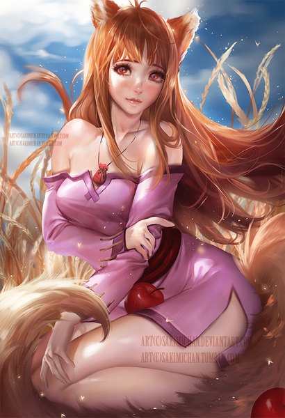 Anime picture 684x1000 with spice and wolf horo sakimichan single long hair tall image looking at viewer fringe breasts light erotic sitting bare shoulders animal ears sky cloud (clouds) outdoors tail blunt bangs head tilt animal tail