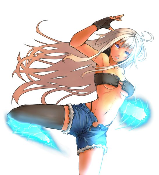 Anime picture 846x927 with original kuro black single long hair tall image looking at viewer fringe blue eyes light erotic simple background standing white background bare shoulders ahoge bent knee (knees) white hair parted lips bare legs bare belly glowing