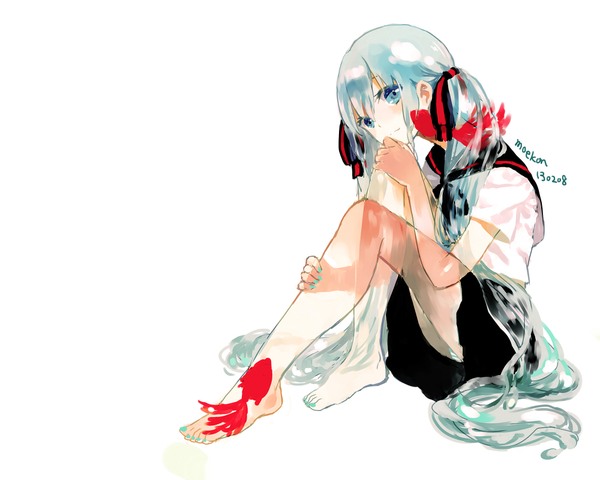 Anime picture 1000x800 with vocaloid hatsune miku bottle miku moekon single long hair looking at viewer blue eyes light erotic simple background white background sitting twintails signed blue hair nail polish pantyshot sitting liquid hair girl ribbon (ribbons)