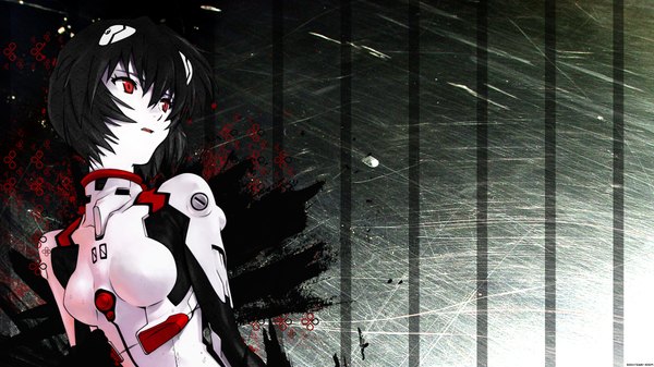 Anime picture 1920x1080 with neon genesis evangelion gainax ayanami rei single highres black hair red eyes wide image pale skin girl bodysuit pilot suit