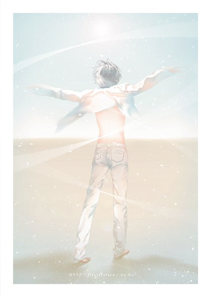 Anime picture 879x1242 with original re (artist) single tall image short hair standing barefoot grey hair from behind open shirt border spread arms boy shirt white shirt pants
