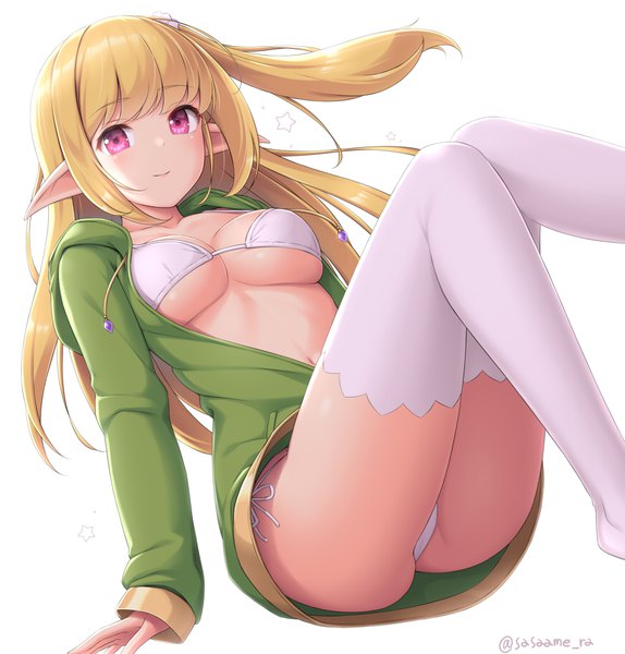 Anime picture 870x910 with original sasaame single long hair tall image looking at viewer blush fringe breasts light erotic simple background blonde hair large breasts white background signed payot bent knee (knees) ass blunt bangs long sleeves