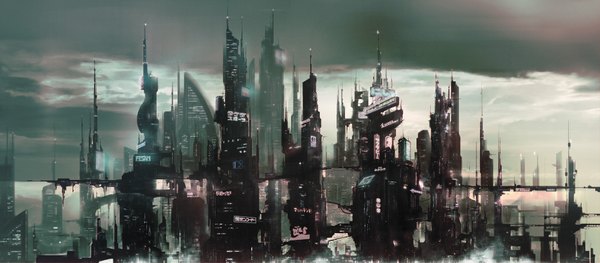 Anime picture 4000x1758 with original noboundary (artist) highres wide image absurdres sky cloud (clouds) city cityscape futuristic skyscraper