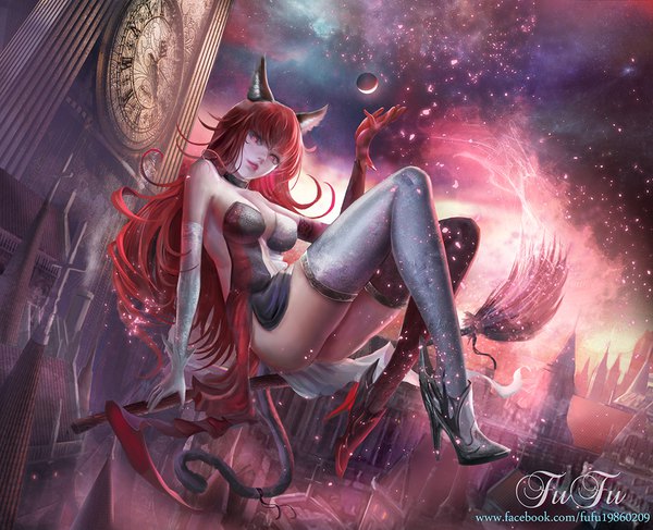 Anime picture 1024x832 with original fufu single long hair looking at viewer fringe breasts light erotic bare shoulders signed animal ears sky cloud (clouds) full body bent knee (knees) ass red hair tail animal tail pink eyes