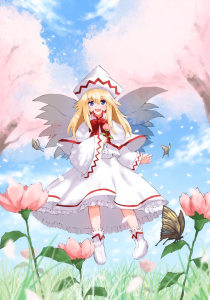 Anime picture 1749x2500 with touhou lily white single long hair tall image fringe highres open mouth blue eyes blonde hair smile sky cherry blossoms flying fairy girl dress flower (flowers) bow plant (plants)