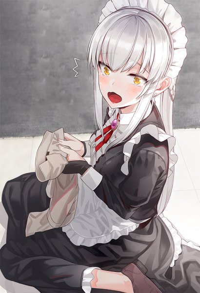 Anime picture 856x1250 with original kfr single long hair tall image looking at viewer blush fringe breasts open mouth sitting holding yellow eyes silver hair full body braid (braids) long sleeves head tilt maid wariza