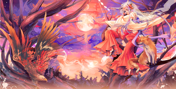 Anime picture 2344x1191 with original kirero (pixiv) single long hair highres red eyes wide image sky cloud (clouds) multicolored hair hair flower horn (horns) miko girl hair ornament plant (plants) animal tree (trees) bird (birds) moon