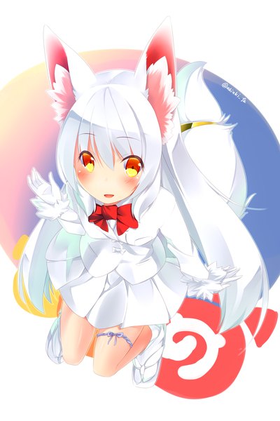 Anime picture 1600x2400 with kemono friends oinari-sama (kemono friends) autumn dawn single long hair tall image blush fringe open mouth hair between eyes signed animal ears full body bent knee (knees) white hair tail animal tail arm up from above orange eyes