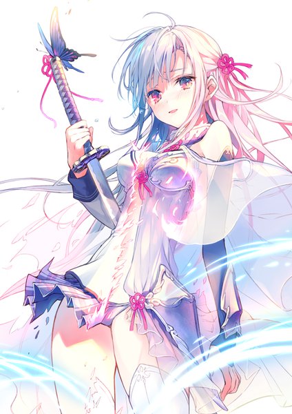 Anime picture 636x900 with vs fairy tail momoka (vs fairy tail) reia single long hair tall image looking at viewer blush fringe light erotic white background holding pink hair silver hair ahoge parted lips pink eyes half updo multicolored eyes dissolving