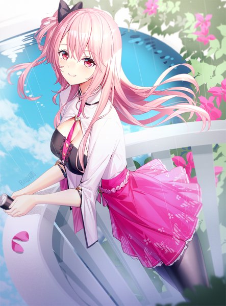 Anime picture 886x1200 with original emily stock ririko (zhuoyandesailaer) single long hair tall image looking at viewer blush fringe breasts smile hair between eyes red eyes standing holding signed pink hair cleavage outdoors pleated skirt