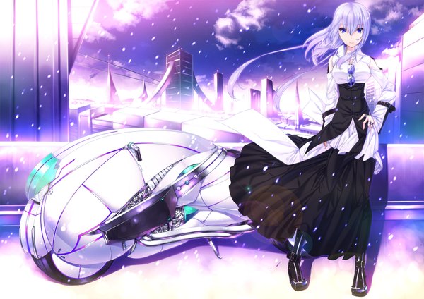 Anime picture 2000x1415 with original ayatudura single long hair highres blue eyes white hair girl dress motorcycle