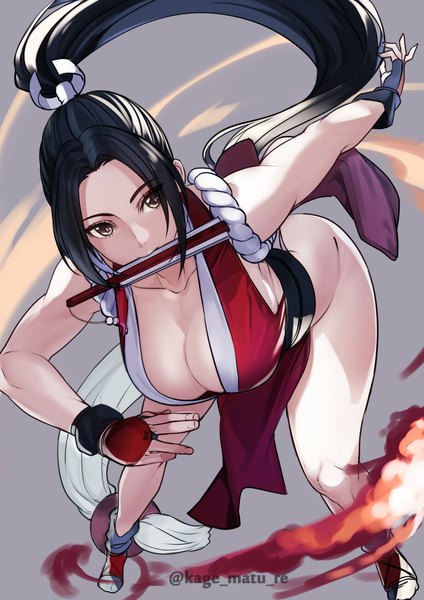 Anime picture 1736x2456 with the king of fighters fatal fury snk shiranui mai kagematsuri single tall image highres breasts light erotic black hair large breasts holding brown eyes signed payot looking away full body ponytail very long hair