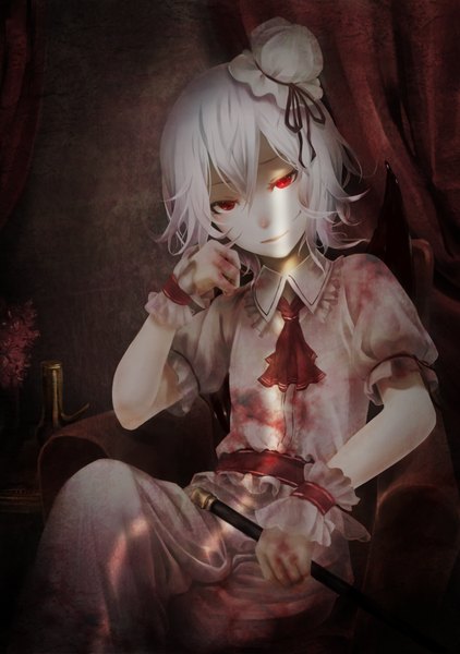 Anime picture 774x1100 with touhou remilia scarlet akaikitsune single tall image looking at viewer fringe short hair red eyes sitting holding light smile dark background bloody clothes girl dress blood wrist cuffs bonnet