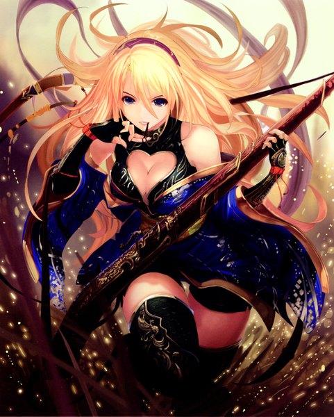 Anime picture 3517x4389 with sengoku taisen tachikawa mushimaro (bimo) single long hair tall image looking at viewer highres blue eyes blonde hair bare shoulders absurdres scan girl thighhighs dress gloves weapon black thighhighs detached sleeves hairband
