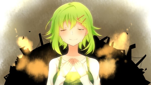 Anime picture 3000x1687 with vocaloid gumi achiki single highres short hair smile wide image eyes closed green hair tears crying hands clasped glow girl hair ornament bobby pin