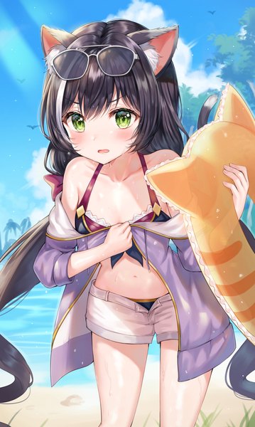 Anime picture 2679x4471 with princess connect! re:dive princess connect! karyl (princess connect!) tokkyu single tall image looking at viewer blush fringe highres open mouth light erotic black hair hair between eyes twintails holding green eyes animal ears sky outdoors