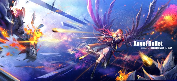 Anime picture 1731x800 with vocaloid megurine luka d-zhai single long hair highres wide image pink hair pink eyes city cityscape falling mechanical explosion girl hair ornament weapon sword wings choker