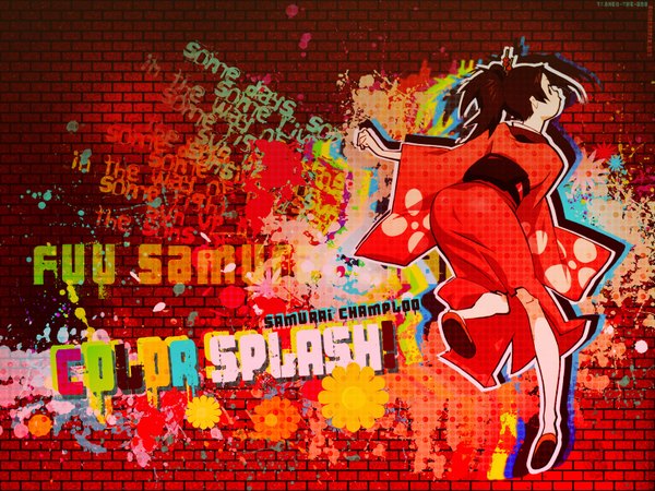 Anime picture 1600x1200 with samurai champloo fuu (samurai champloo) single looking at viewer brown hair brown eyes ponytail traditional clothes japanese clothes looking back from behind wallpaper copyright name character names vector running brick wall girl kimono sandals