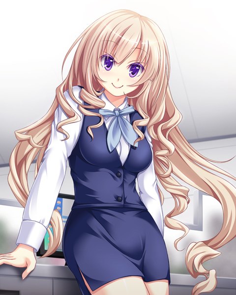 Anime picture 640x800 with original aocchi single long hair tall image looking at viewer blonde hair smile purple eyes girl skirt suit
