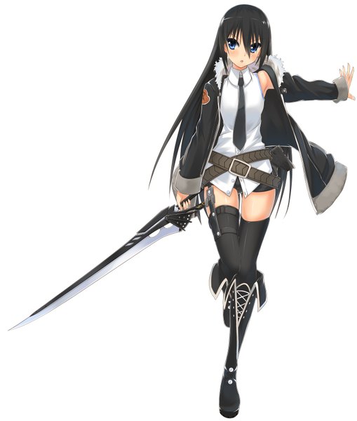 Anime picture 2883x3393 with original uke (artist) single long hair tall image blush highres blue eyes black hair simple background white background open clothes open jacket girl thighhighs weapon black thighhighs sword necktie boots