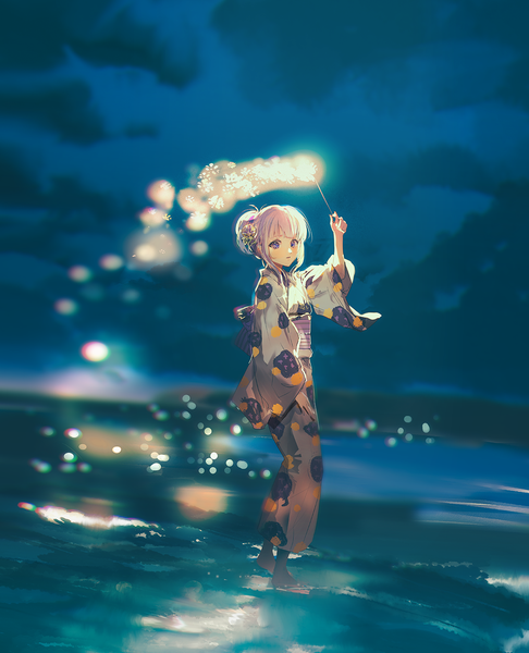 Anime picture 1178x1453 with original say hana single tall image looking at viewer fringe short hair standing purple eyes holding payot purple hair cloud (clouds) full body outdoors ponytail blunt bangs traditional clothes japanese clothes barefoot