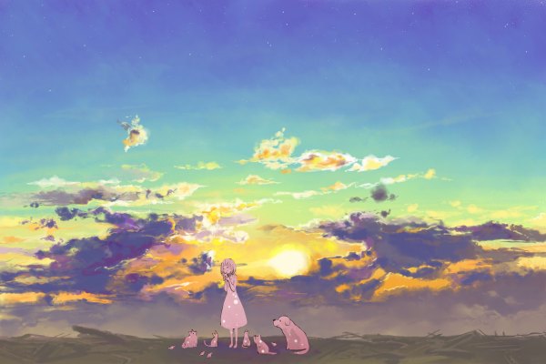 Anime picture 2400x1600 with original nanao mayu blush highres short hair smile sky cloud (clouds) eyes closed evening sunset girl animal bird (birds) cat dog