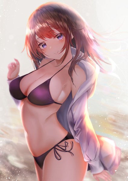 Anime picture 884x1250 with original yk (pixiv43531291) single long hair tall image looking at viewer blush fringe breasts light erotic smile large breasts standing purple eyes payot outdoors head tilt off shoulder open jacket sideboob