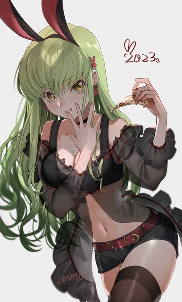 Anime picture 800x1325 with code geass sunrise (studio) c.c. creayus single long hair tall image looking at viewer fringe breasts light erotic simple background smile hair between eyes standing holding signed animal ears yellow eyes payot
