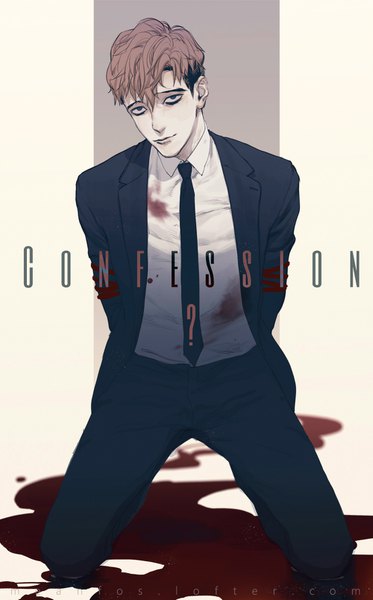 Anime picture 1000x1607 with killing stalking oh sangwoo meanfos single tall image looking at viewer fringe simple background brown hair head tilt lips grey eyes kneeling hands behind back bloody clothes boy shirt necktie white shirt blood