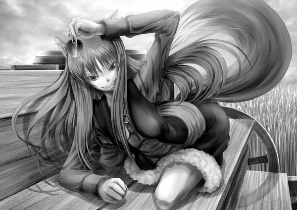 Anime picture 1500x1060 with spice and wolf horo minusion single long hair smile animal ears animal tail grey hair monochrome girl fruit apple