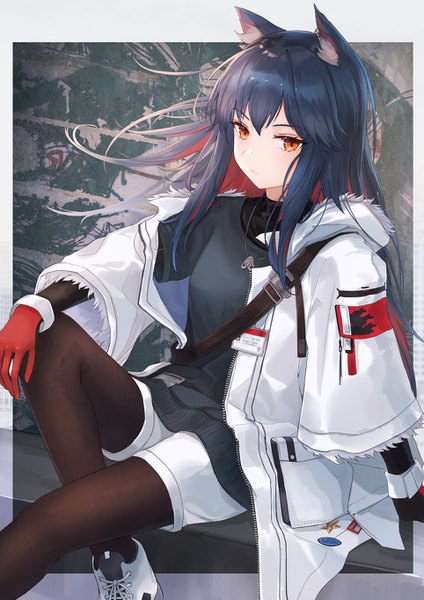 Anime picture 964x1363 with arknights texas (arknights) texas (winter messenger) (arknights) kachi single long hair tall image looking at viewer fringe breasts black hair hair between eyes sitting animal ears red hair long sleeves multicolored hair wide sleeves arm support open jacket