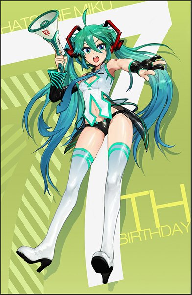 Anime picture 700x1070 with vocaloid hatsune miku modare single tall image fringe open mouth light erotic standing twintails green eyes very long hair green hair from below tattoo girl underwear panties detached sleeves necktie