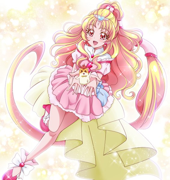Anime picture 1179x1250 with precure hugtto! precure toei animation hug-tan (precure) harryham harry cure tomorrow hanzou single tall image blush open mouth blonde hair full body bent knee (knees) very long hair :d pink eyes sparkle magical girl girl