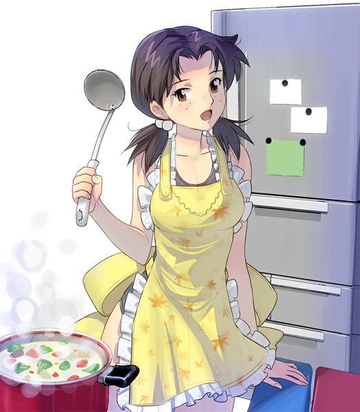 Anime picture 875x1000 with neon genesis evangelion rebuild of evangelion evangelion: 2.0 you can (not) advance gainax horaki hikari masao single long hair tall image looking at viewer open mouth brown hair twintails brown eyes low twintails cooking girl swimsuit food apron