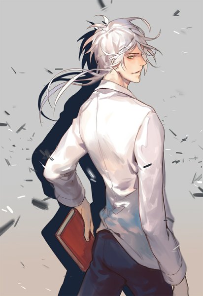 Anime picture 800x1163 with psycho-pass production i.g shougo makishima naked cat single long hair tall image simple background yellow eyes white hair profile wind from behind back boy shirt book (books)