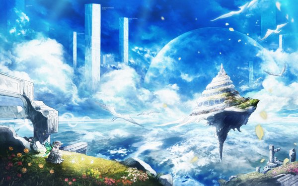 Anime picture 1920x1200 with original rel single highres short hair wide image sky silver hair cloud (clouds) landscape scenic ruins insect wings butterfly wings girl dress flower (flowers) animal petals wings