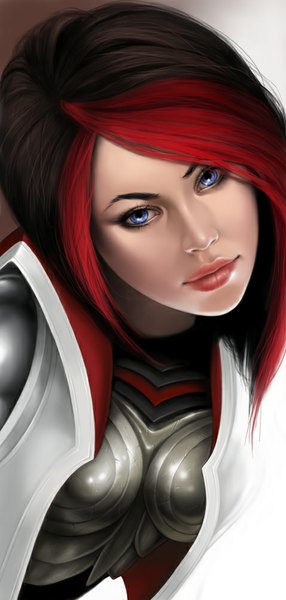 Anime picture 478x1000 with league of legends fiora (league of legends) enchantress-lele single tall image looking at viewer short hair blue eyes multicolored hair lips two-tone hair girl armor