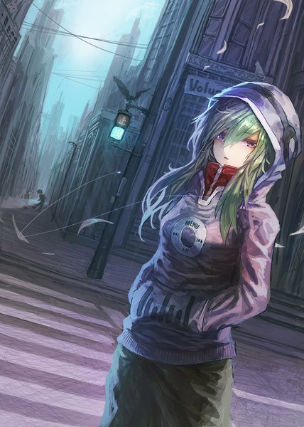 Anime picture 714x1000 with kagerou project shaft (studio) kido tsubomi tech chimera long hair tall image looking at viewer fringe standing brown eyes green hair hands in pockets street crosswalk girl jacket hood building (buildings) traffic lights
