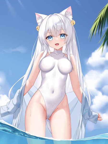 Anime picture 750x1000 with virtual youtuber chucolala shirayuki aria jawr8473 single long hair tall image looking at viewer blush fringe breasts open mouth blue eyes light erotic smile hair between eyes standing animal ears payot sky