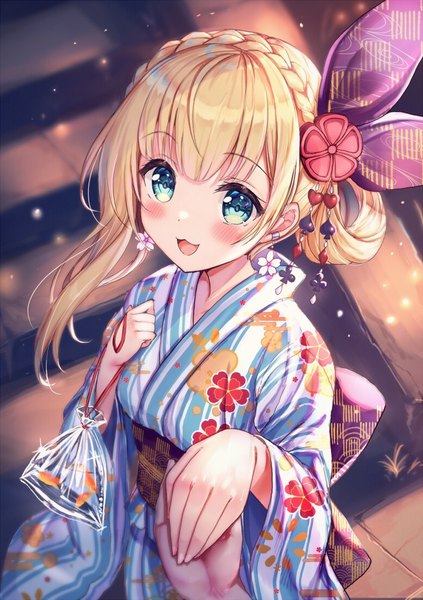 Anime picture 776x1100 with virtual youtuber nijisanji mononobe alice akabane (zebrasmise) single long hair tall image blush open mouth blonde hair holding braid (braids) traditional clothes :d japanese clothes aqua eyes sparkle holding hands solo focus crown braid