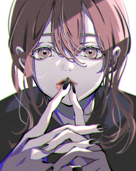 Anime picture 3240x4050 with original natsume hinako single tall image looking at viewer fringe highres short hair simple background hair between eyes brown hair brown eyes absurdres nail polish fingernails lips finger to mouth long fingernails black nail polish interlocked fingers