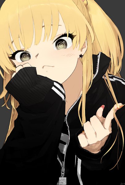 Anime picture 1181x1748 with idolmaster idolmaster cinderella girls jougasaki rika hageshii nakano single long hair tall image looking at viewer fringe blonde hair upper body long sleeves fingernails black eyes two side up long fingernails chin rest hand on cheek :< playing with hair