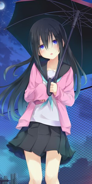 Anime picture 500x1000 with original sakusaku single long hair tall image looking at viewer blush open mouth blue eyes black hair night girl skirt uniform school uniform
