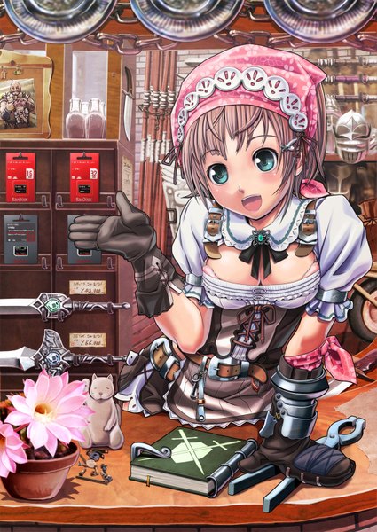 Anime picture 1133x1600 with original v-mag tall image short hair open mouth light erotic brown hair green eyes cleavage detailed girl gloves flower (flowers) headdress book (books) chain statue