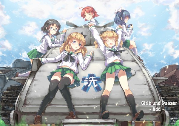 Anime picture 2480x1759 with girls und panzer tagme (character) north abyssor long hair highres short hair blue eyes black hair blonde hair multiple girls brown eyes blue hair red hair eyes closed one eye closed wink pantyshot girl thighhighs skirt