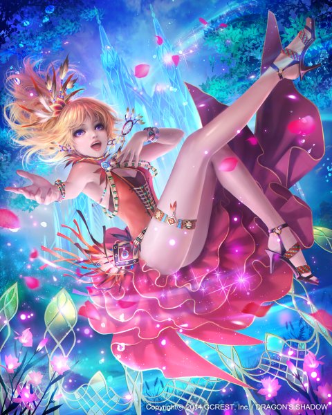 Anime picture 960x1200 with dragon's shadow purire (dragon's shadow) eudia (serenity2200) single long hair tall image looking at viewer fringe open mouth light erotic blonde hair purple eyes bare shoulders cleavage cloud (clouds) full body bent knee (knees) outdoors ponytail wind