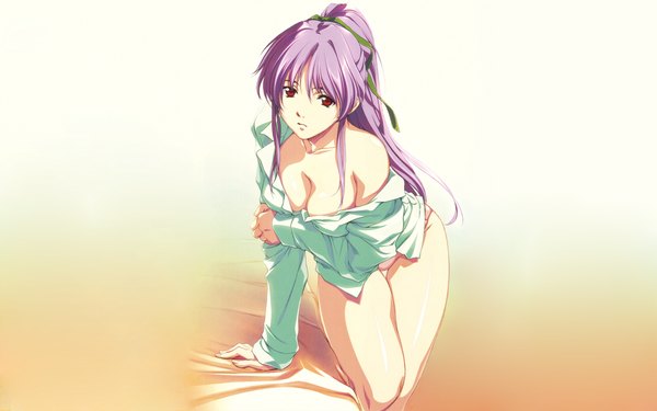 Anime picture 1920x1200 with shuusaku (series) takabe eri horibe hiderou highres breasts light erotic red eyes wide image bare shoulders cleavage purple hair ponytail wallpaper