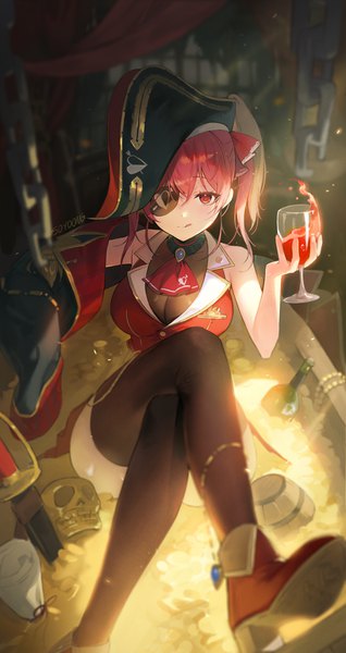 Anime picture 1641x3099 with virtual youtuber hololive houshou marine houshou marine (1st costume) soyoong jun single long hair tall image looking at viewer light erotic smile red eyes twintails red hair crossed legs girl thighhighs black thighhighs hat eyepatch